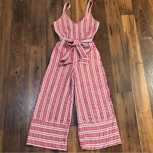 Lost + Wander Robin Striped Jumpsuit Cropped Flared Red White Tie Waist Lined Sm